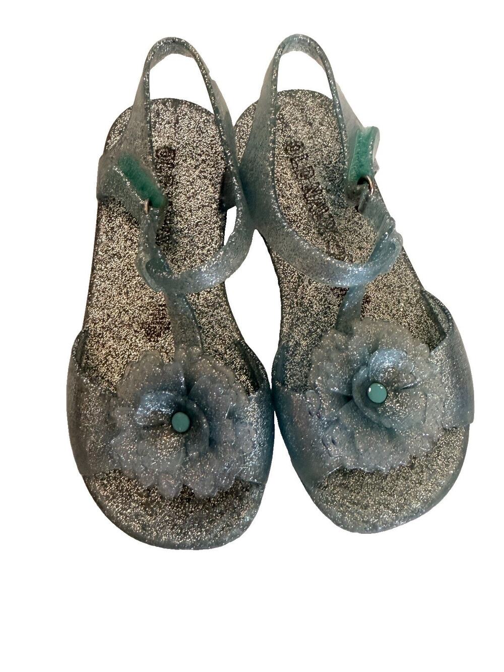 Old Navy Girls Glitter Jelly Sandals Silver Flower T-Strap Shoes Size 11